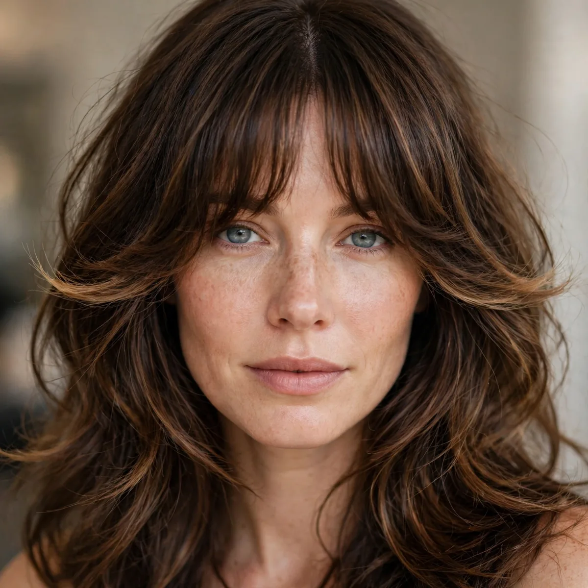 Curtain bangs on thick hair with thinned texture