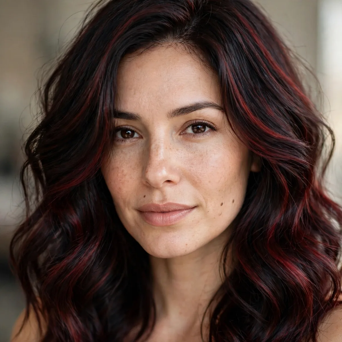 Woman with black cherry dark brown hair with red tones