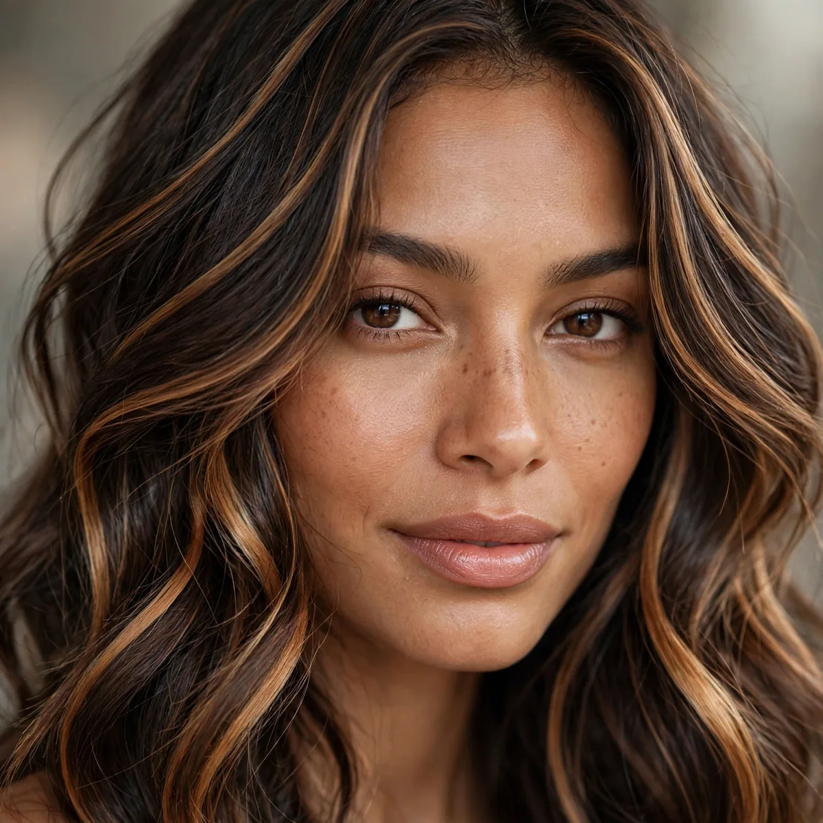 Woman with caramel ribbons through dark brown hair