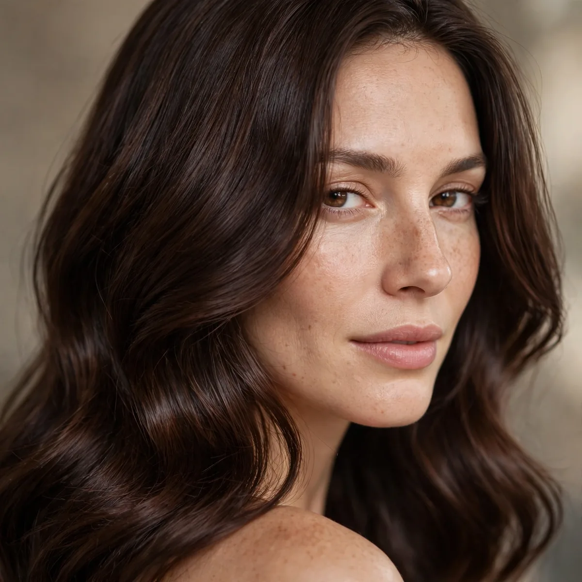 Woman with deep walnut brown shiny hair