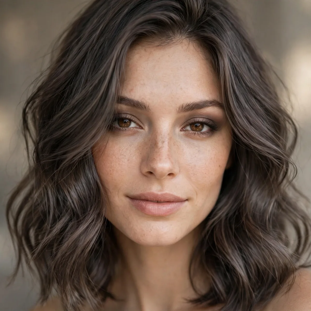 Woman with smoky ash brown hair color