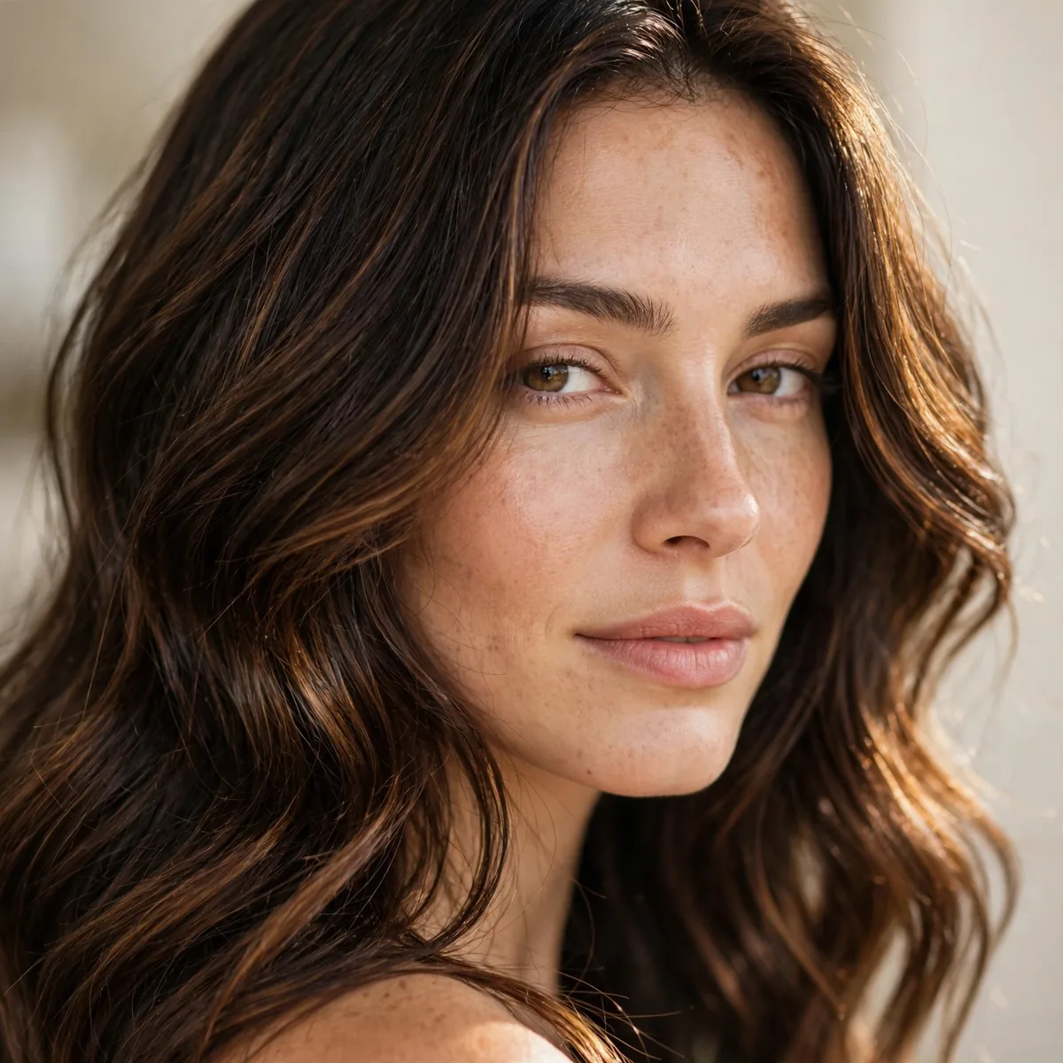 Woman with dark honey brown hair color