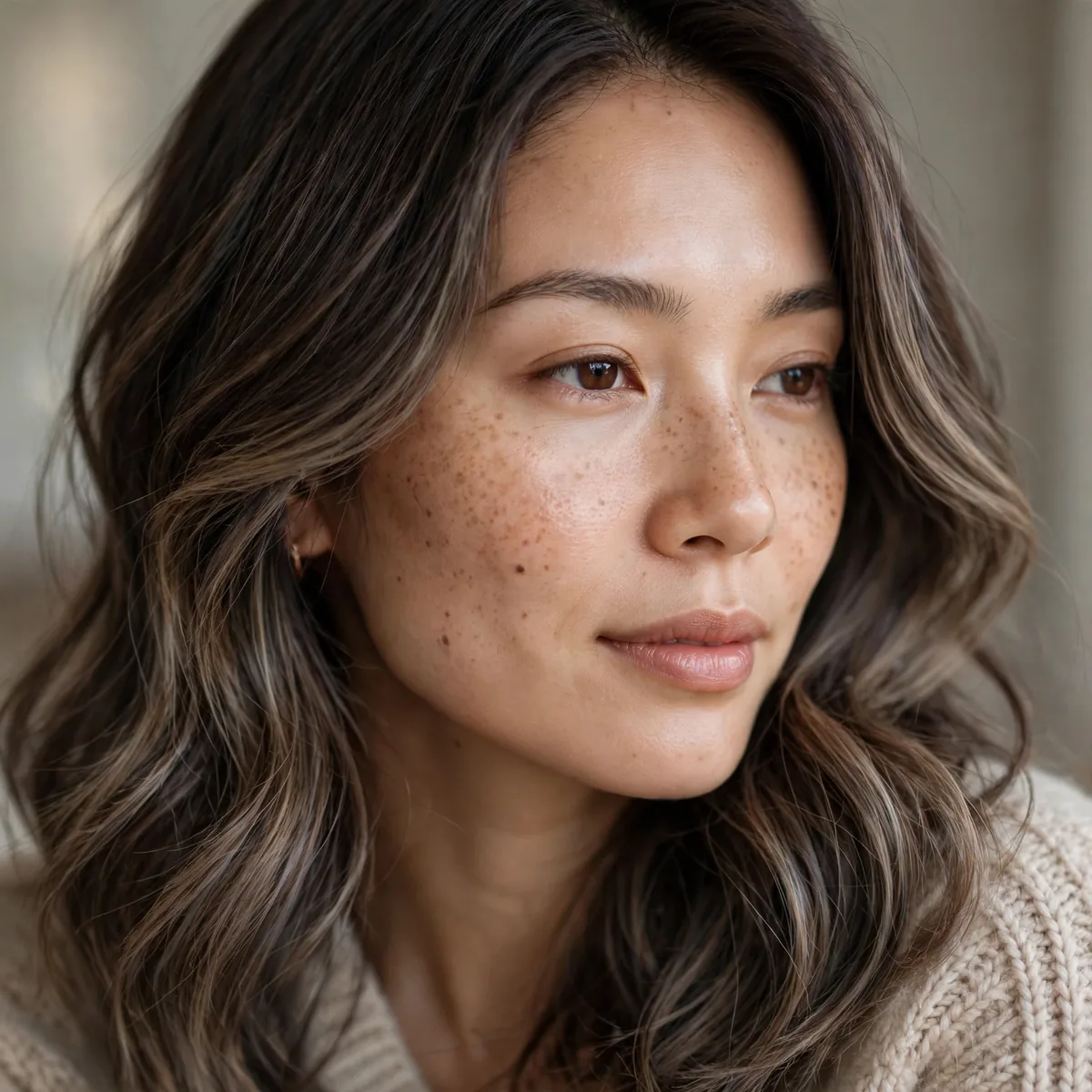Woman with cold brew balayage on dark brown hair