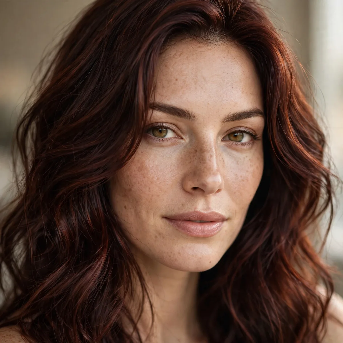 Woman with dark auburn brown hair