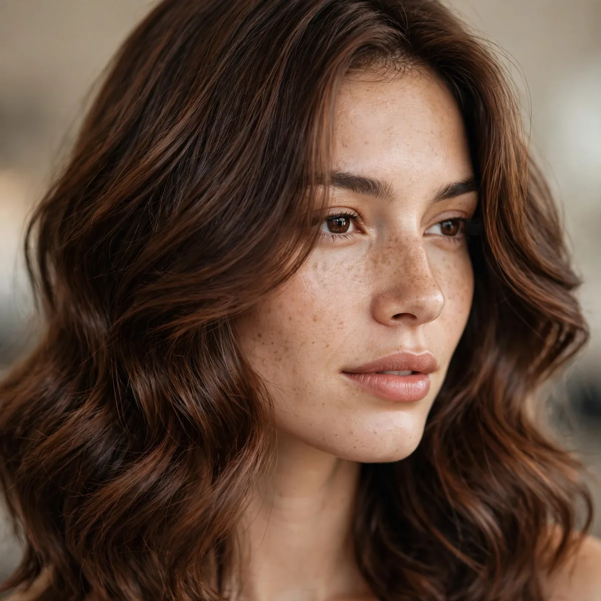 Woman with warm truffle brown hair