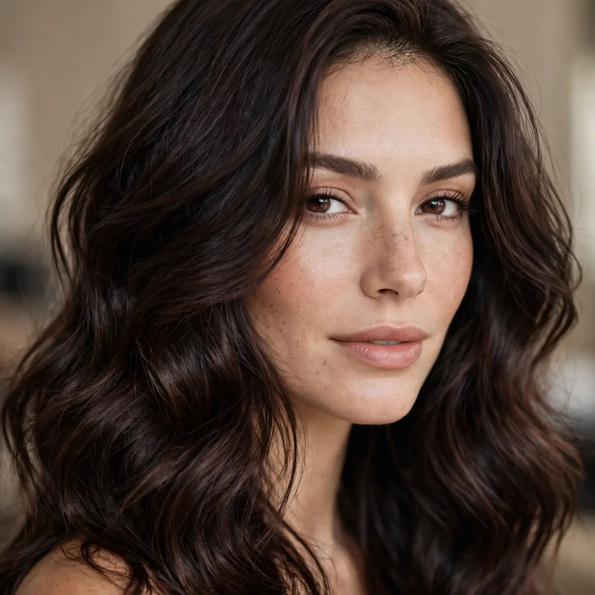 Woman with midnight cocoa dark brown hair