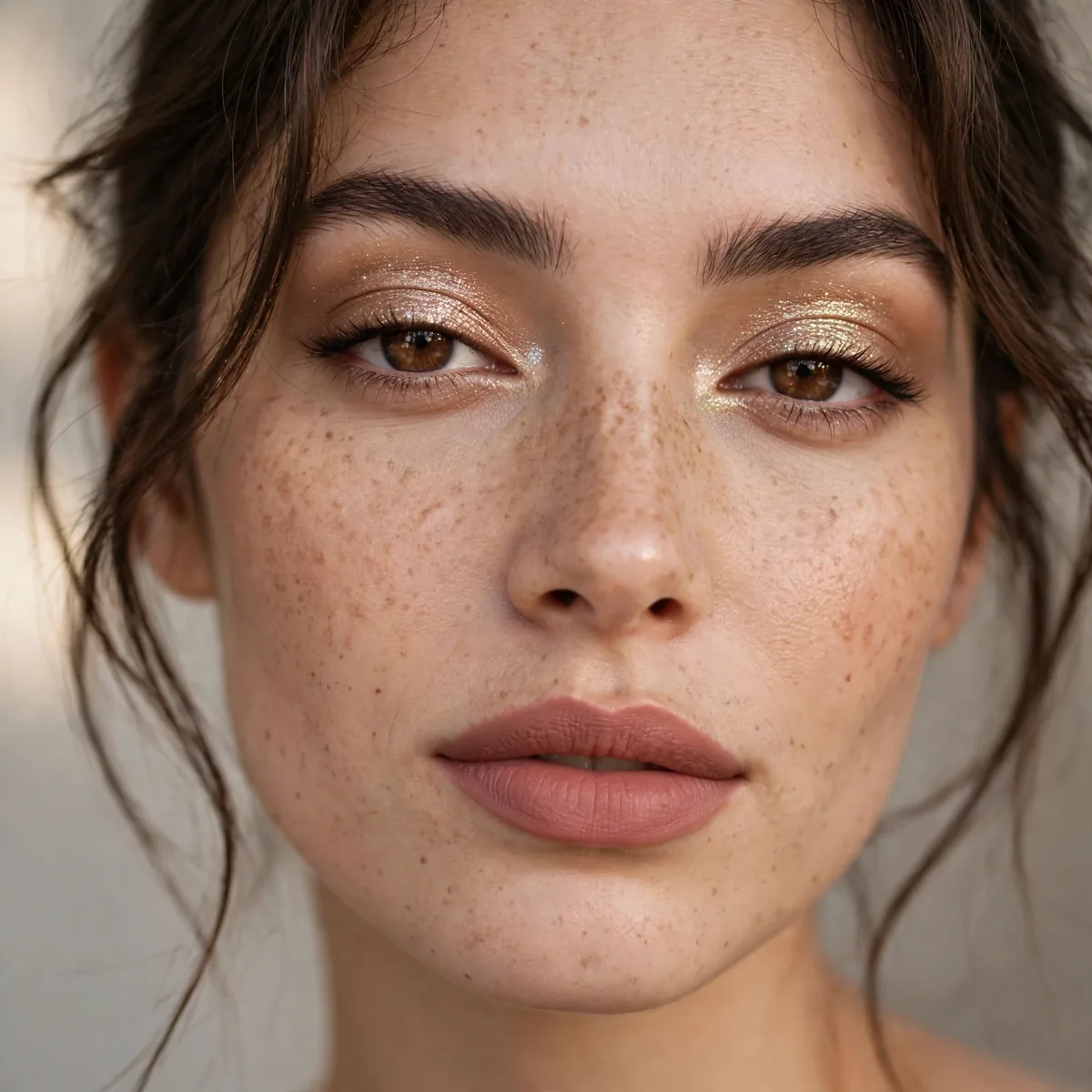 Woman with shimmer eyeshadow and matte lipstick