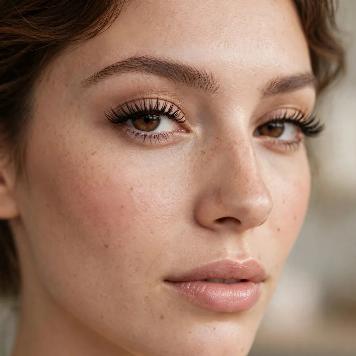 Woman with defined curled lashes makeup look