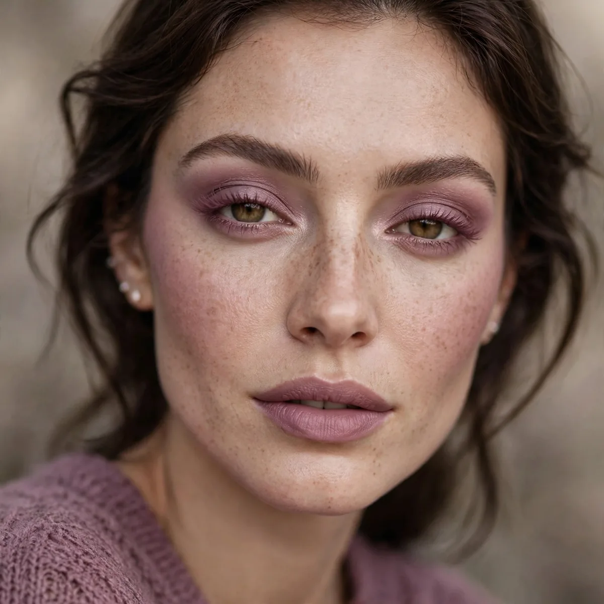 Woman with mauve monochrome makeup look