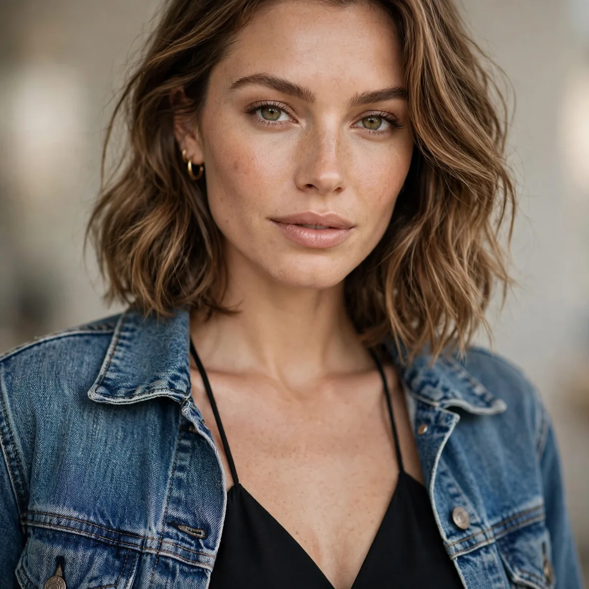 Denim jacket over black dress