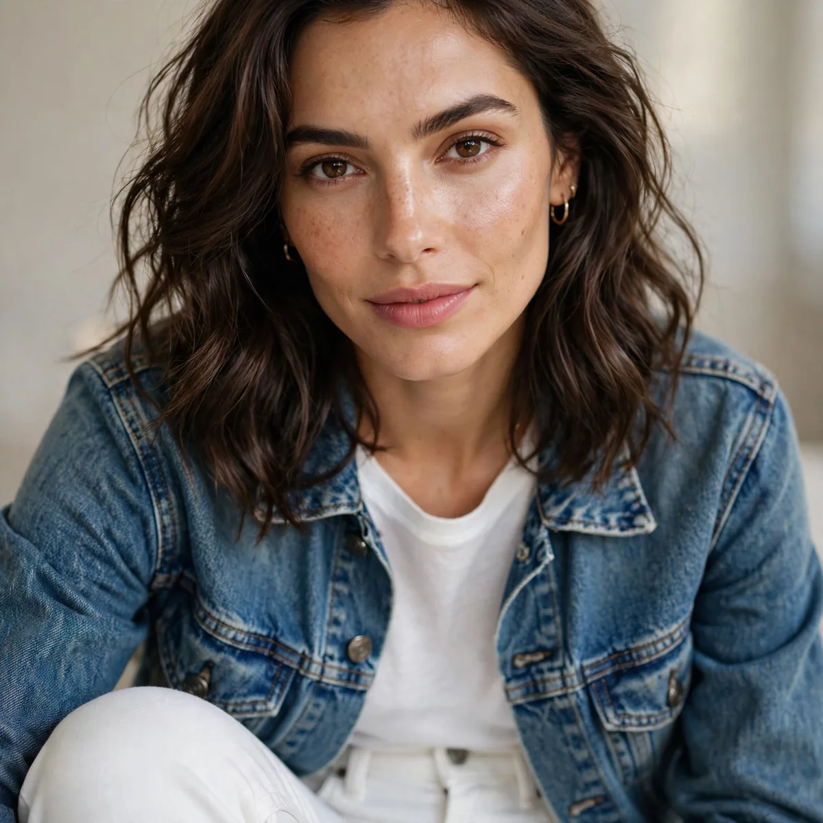 Denim jacket with white jeans