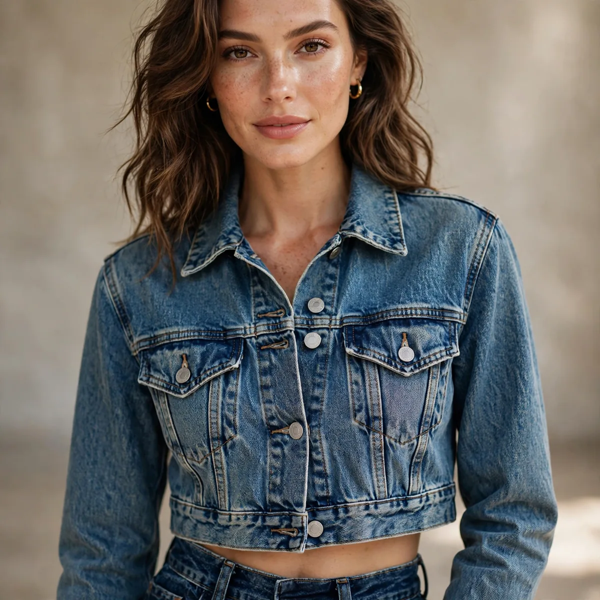 Cropped denim jacket with high rise jeans