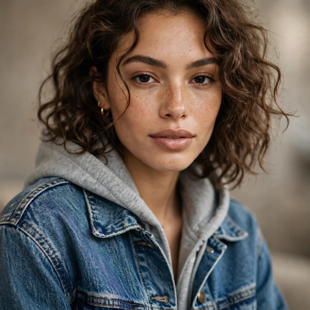 Denim jacket layered over hoodie