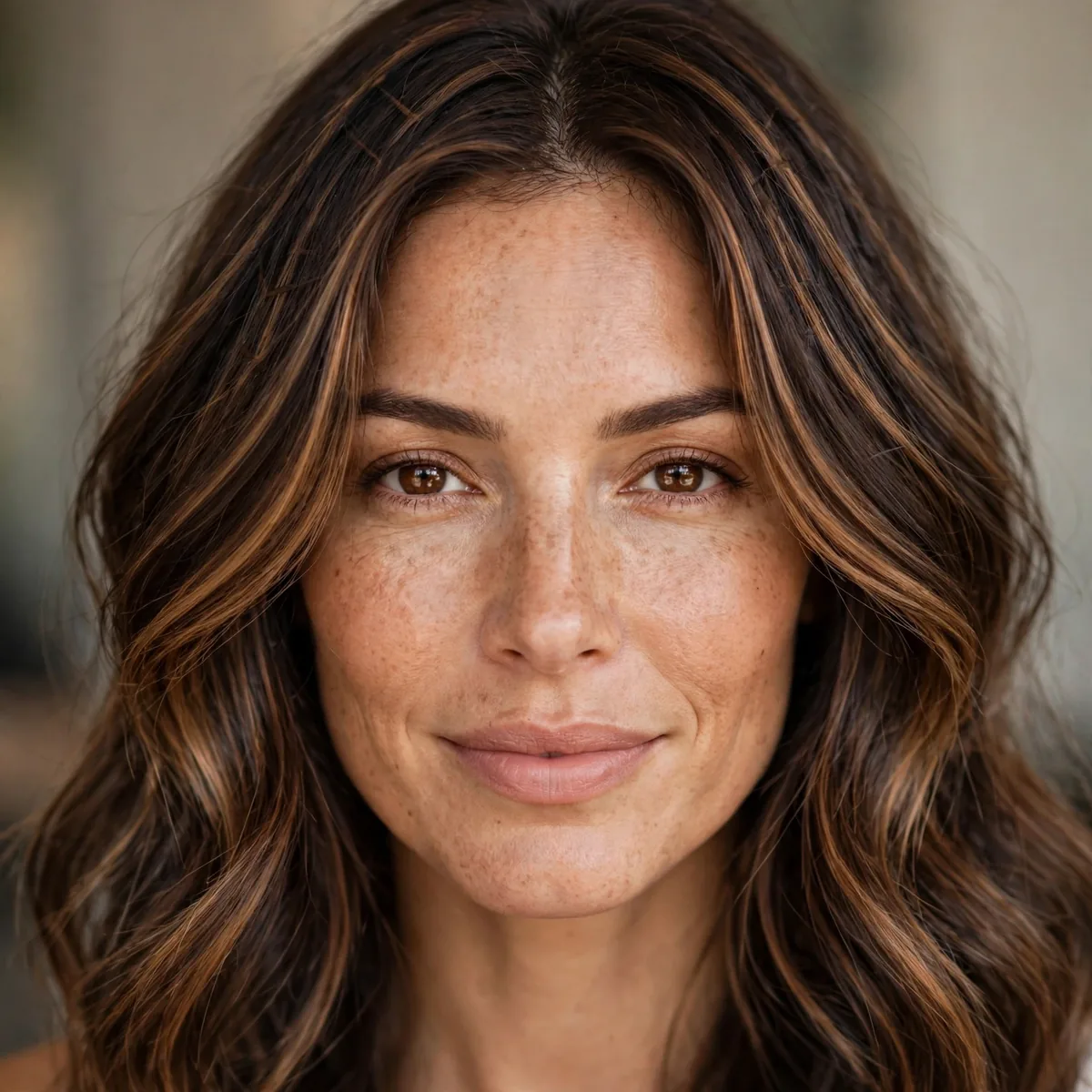 Soft caramel woven highlights on brunette hair