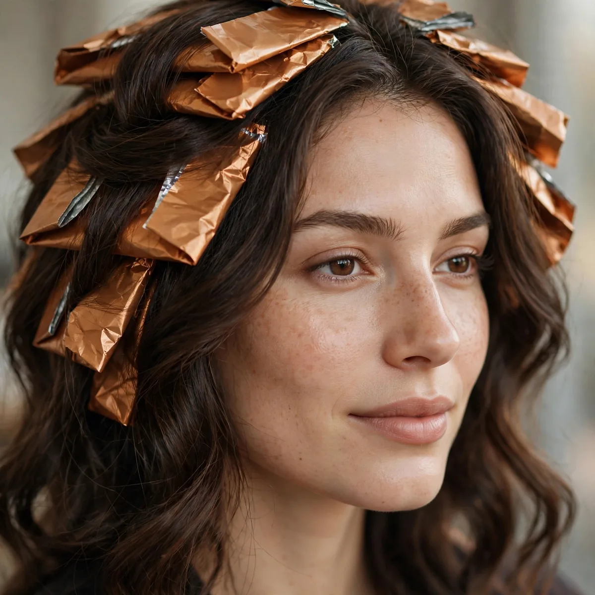 Toffee ribbon foils on brunette hair