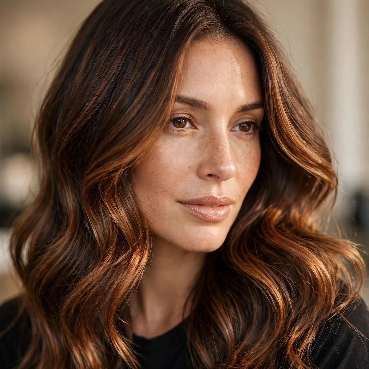 Chestnut glow balayage on brunette hair