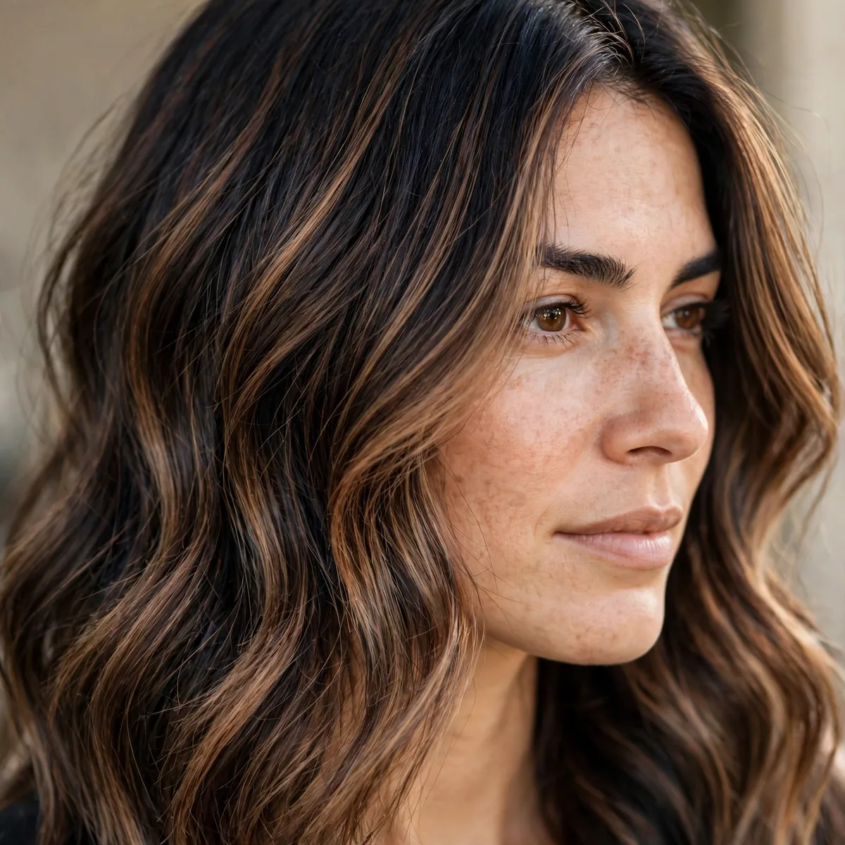 Light brown melted dimension on dark hair