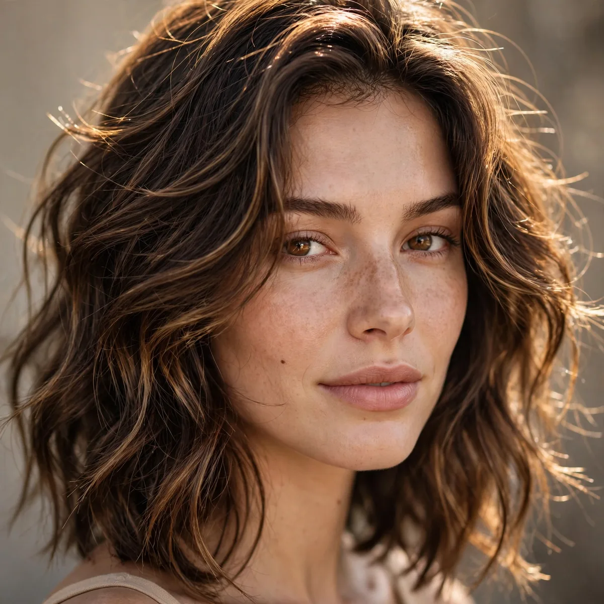 Sunkissed brunette with natural-looking highlights