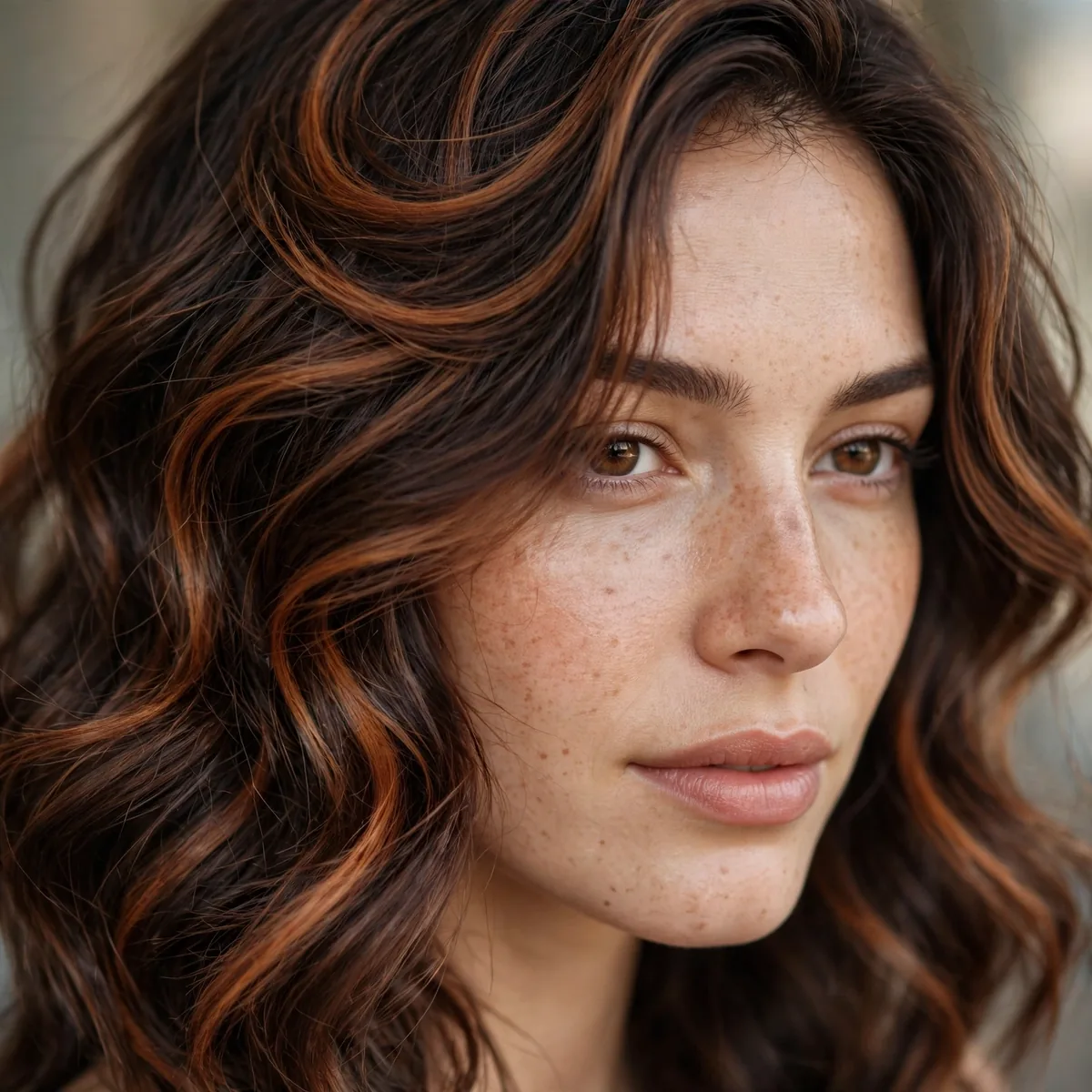 Cinnamon swirled color on brunette hair