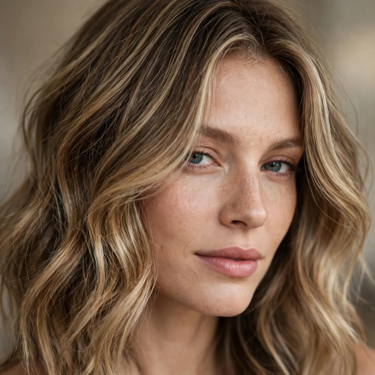 Sandy blonde-brunette blended hair color