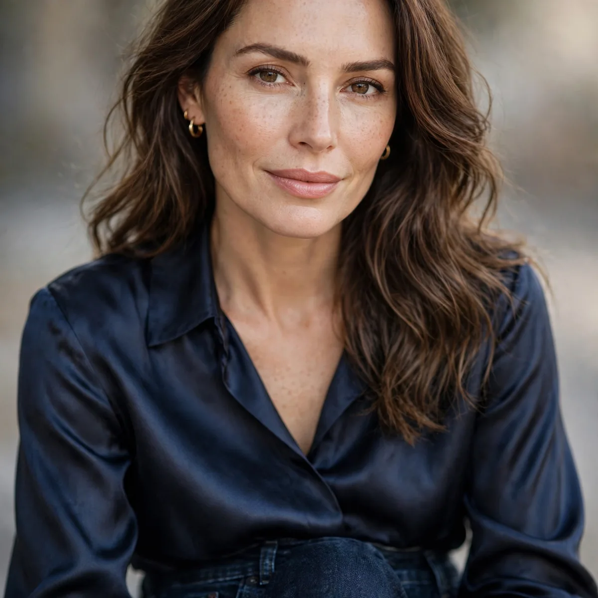 Dark jeans with silk blouse hosting