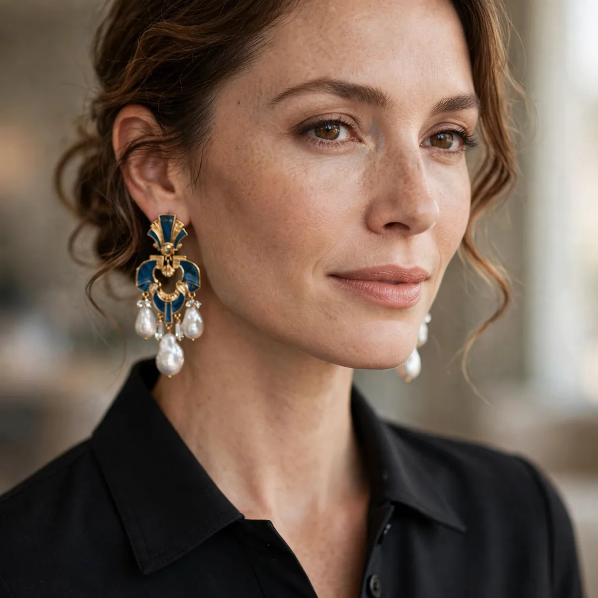 Statement earrings with simple hostess outfit