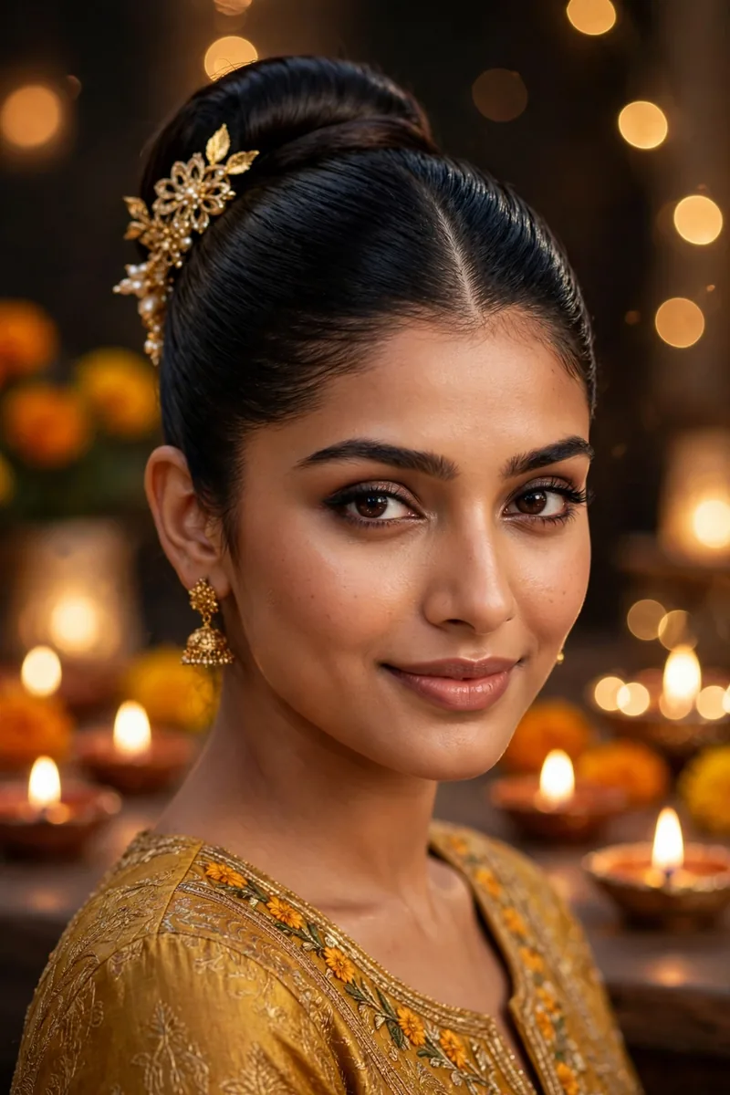 Sleek High Bun with Middle Part β Diwali festive look