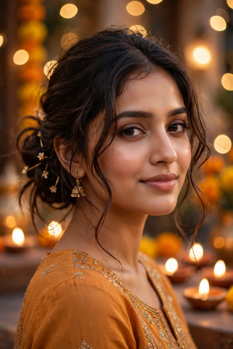 Messy Low Bun with Loose Tendrils β Diwali festive look
