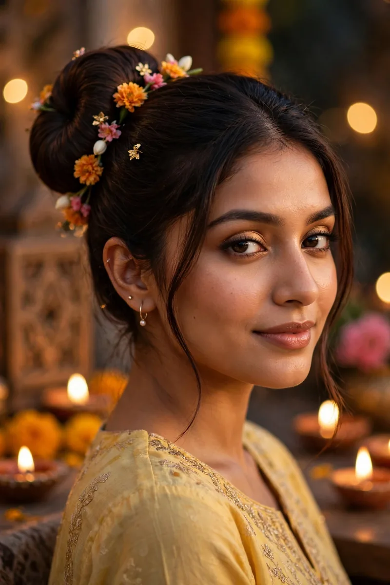 Donut Bun with Floral Pins β Diwali festive look