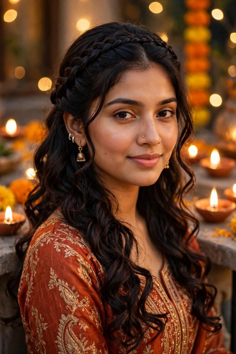 Waterfall Braid with Curls β Diwali festive look