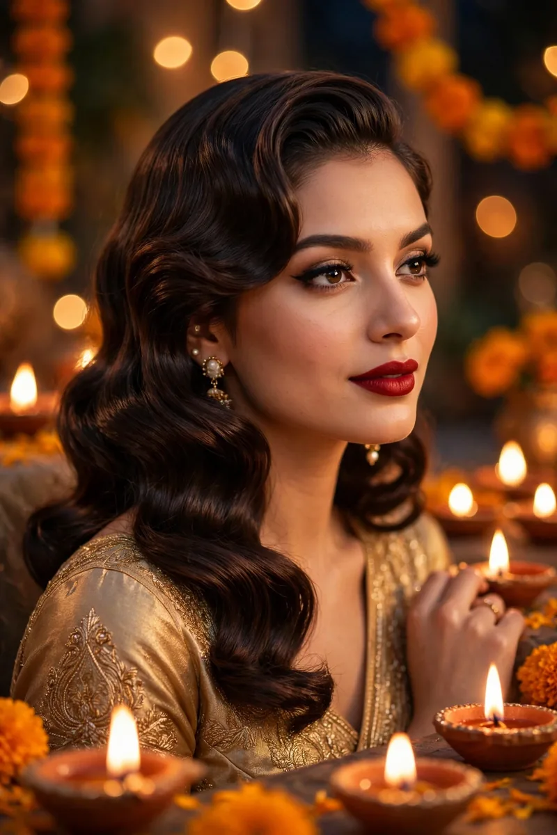 Side-Swept Vintage Waves β Diwali festive look