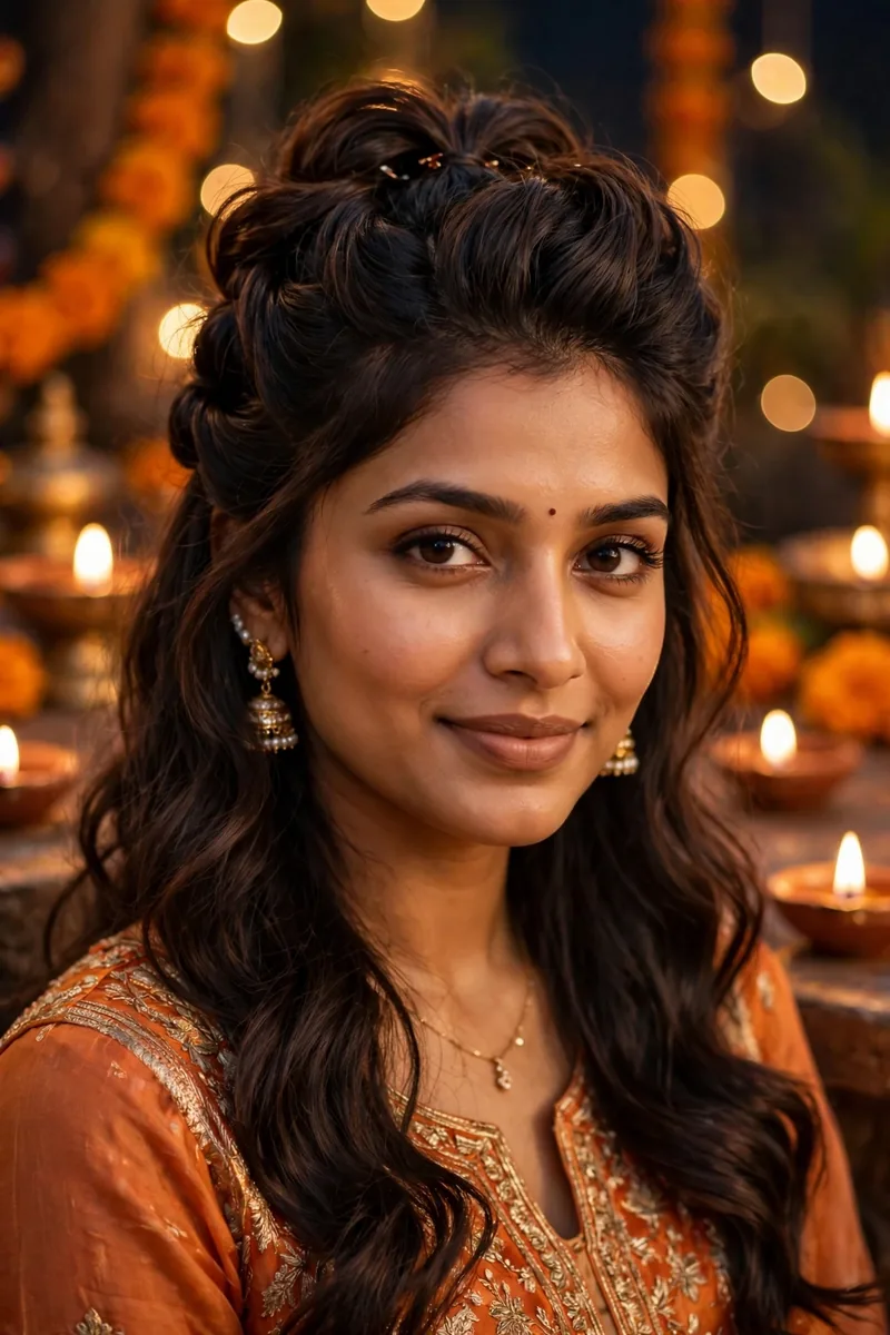 Twisted Half-Updo with Volume β Diwali festive look