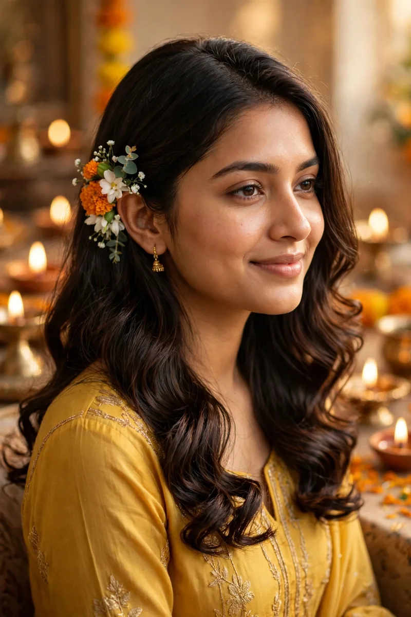 Curled Ends with Floral Tuck β Diwali festive look