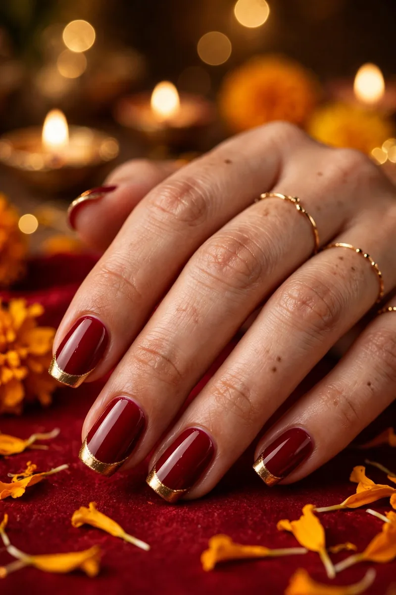 Gold Tips on Red (Festive French) β Diwali festive look