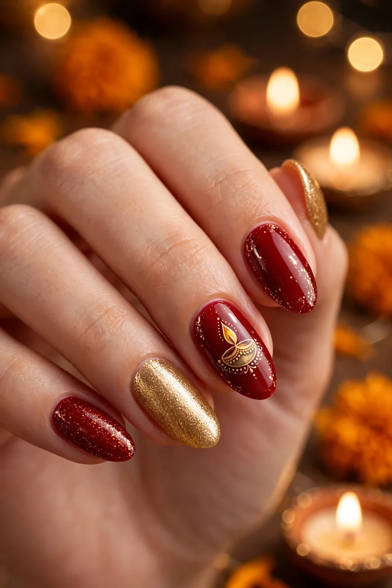 Diya Motif Accent Nail β Diwali festive look