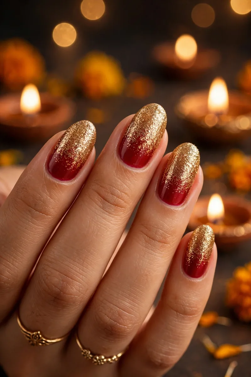 Gold Glitter OmbrΓ© on Red β Diwali festive look