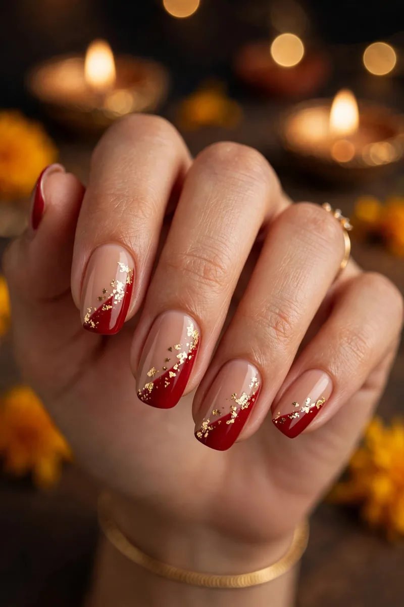 Nude-to-Red with Gold Flakes β Diwali festive look