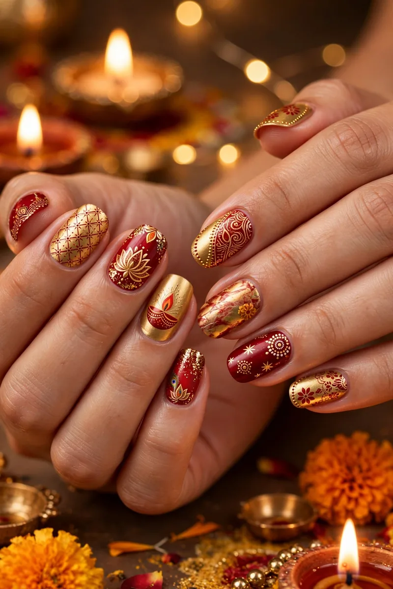 12 Festive Diwali Nail Art Designs in Gold & Red