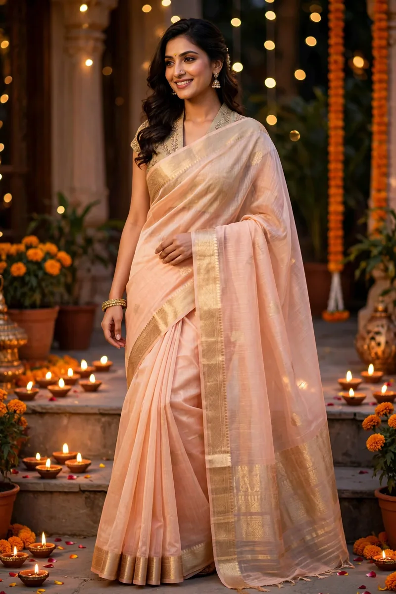 Chanderi Saree with Zari Border β Diwali festive look