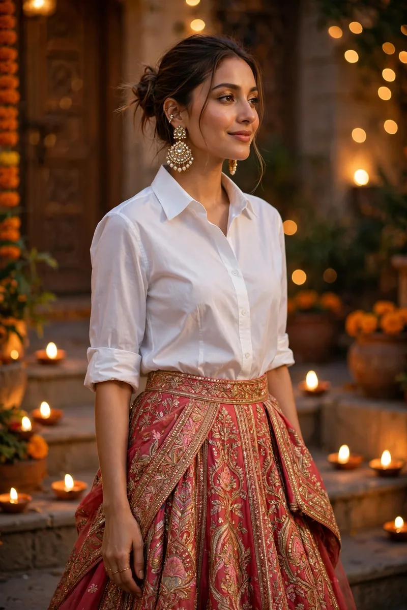 Lehenga Skirt + Crisp White Shirt β Diwali festive look