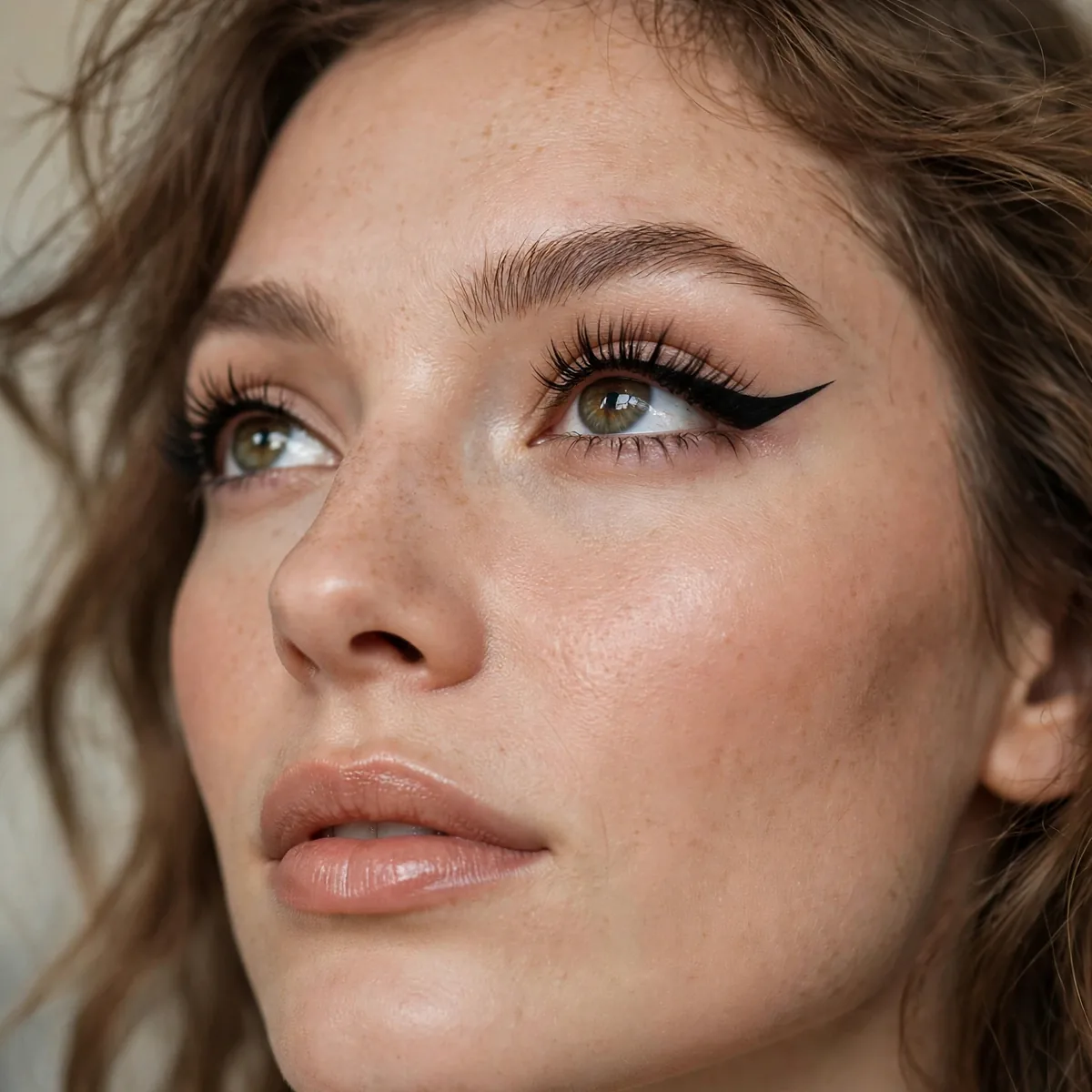 Upward angled winged eyeliner