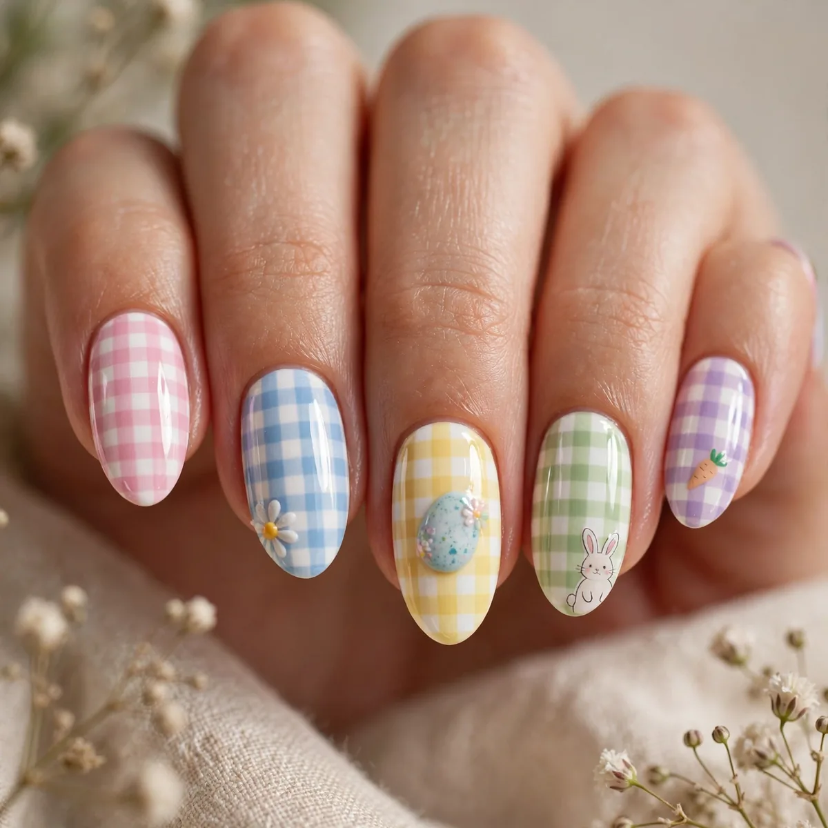 Gingham pattern easter nail art