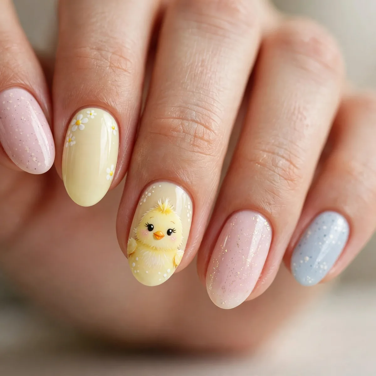 Baby chick face nail art easter