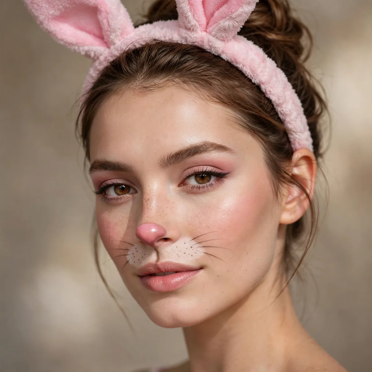Woman with classic bunny makeup featuring a pink nose