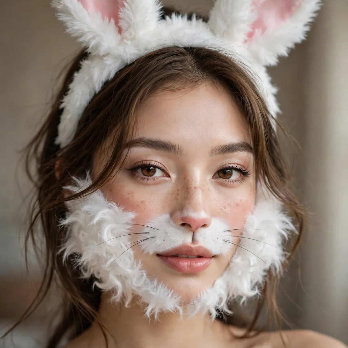 Woman with fluffy white bunny costume makeup