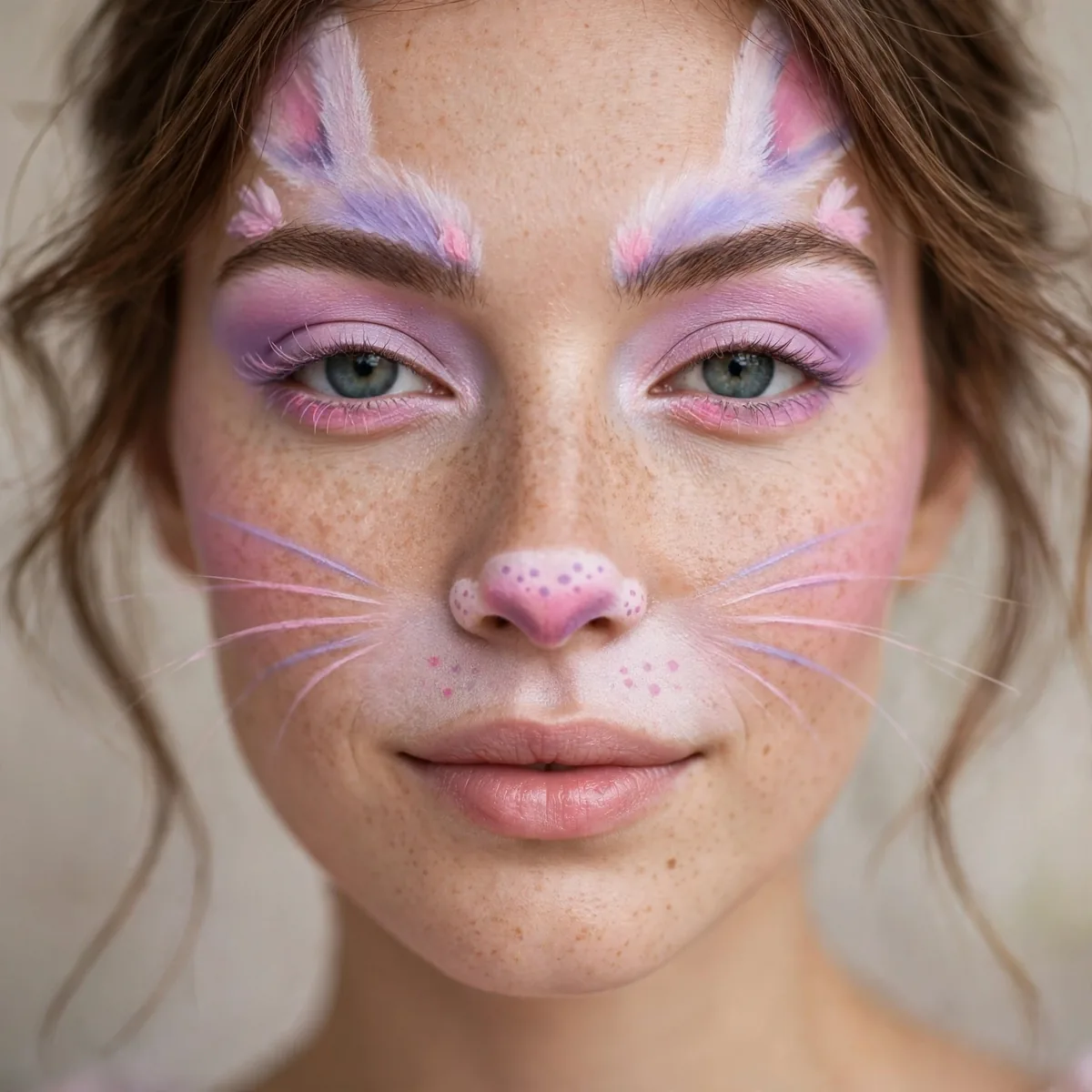 Woman with pastel Easter bunny makeup in pink and lavender