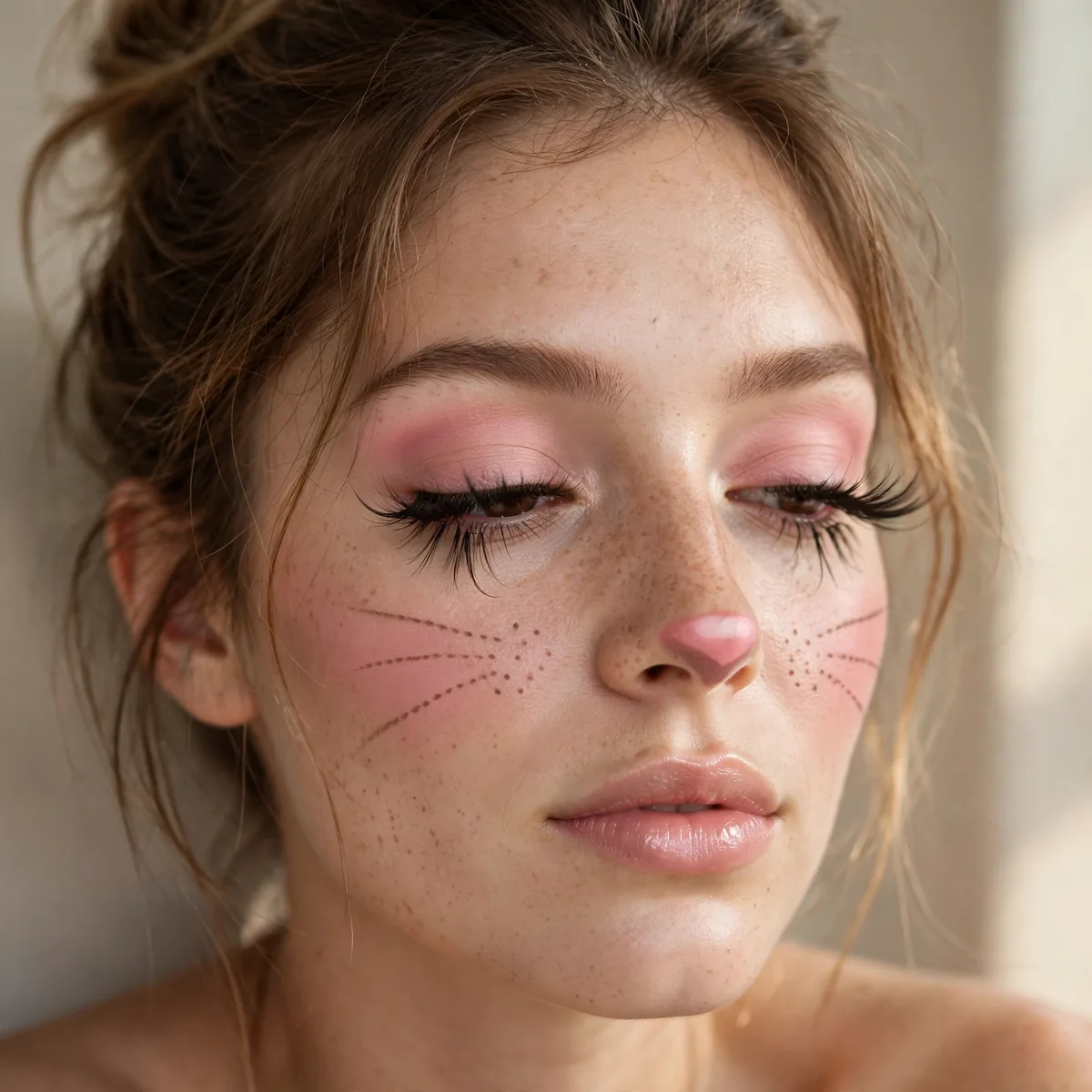 Woman with sleepy bunny makeup featuring long lashes