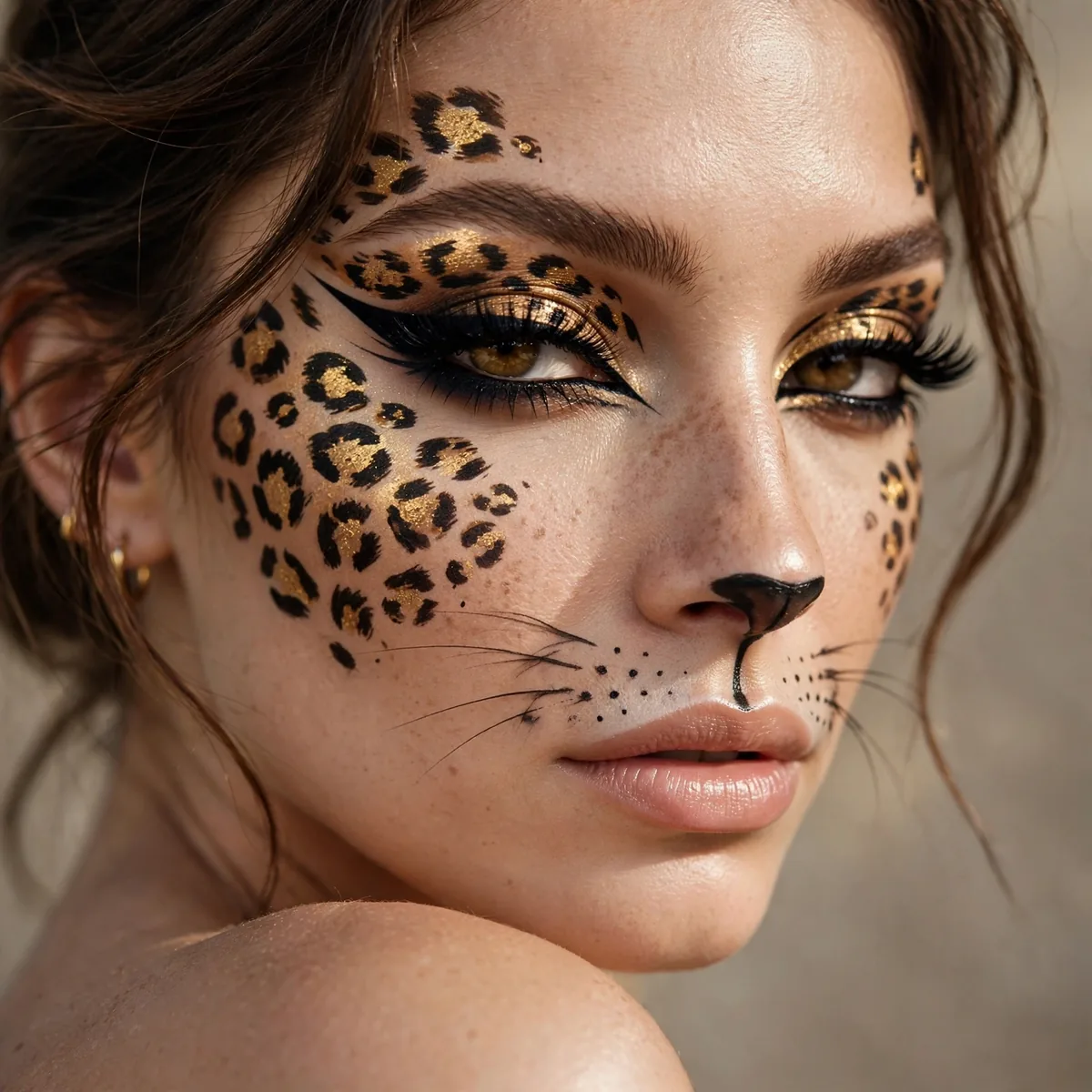 Leopard print cat makeup with golden spots and dramatic winged eyeliner