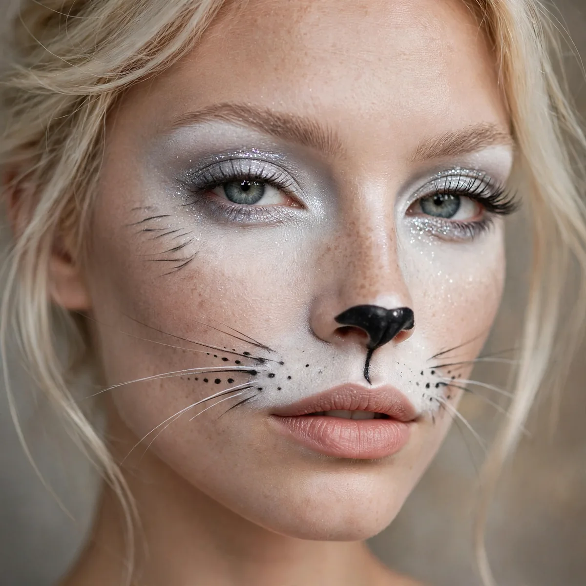White cat Halloween makeup with silver shimmer and delicate whisker details