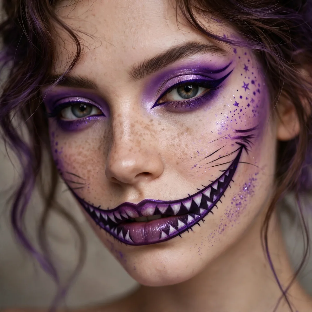 Cheshire cat inspired makeup with an exaggerated painted smile and purple tones
